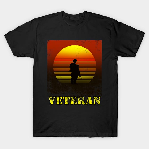 Retro Vintage Distressed Soldier Silhouette Red Sunset Military - Military Veteran - USA Army Vet T-Shirt by DazzlingApparel